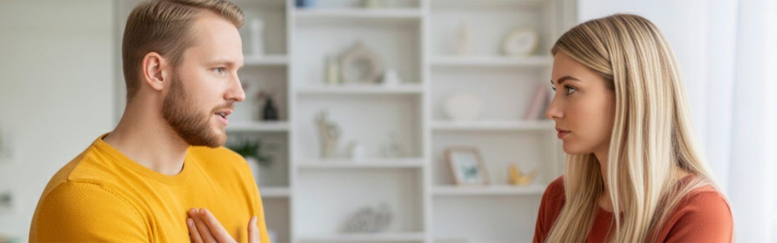 Mann erklärt sich, während die Frau ernst zuhört.