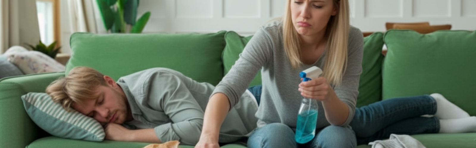 Frau reinigt den Couchtisch mit einem Spray, während ihr Partner auf dem Sofa schläft.