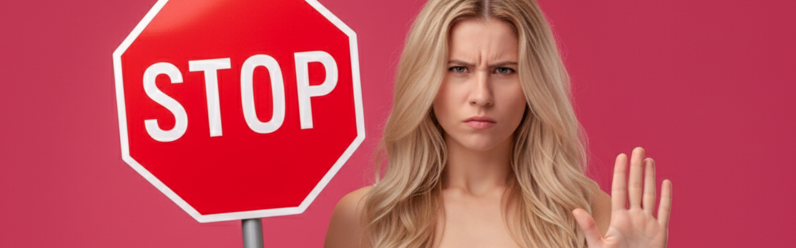 Frau mit strengem Blick steht vor einem Stoppschild und hebt die Hand.
