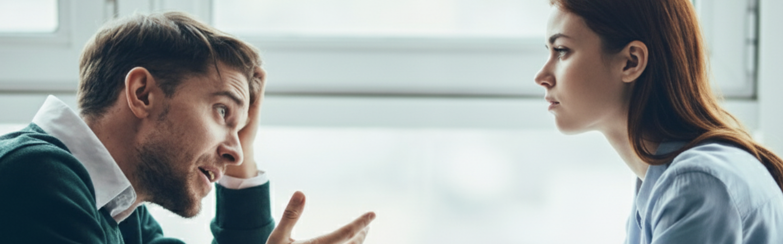 Mann gestikuliert frustriert, während eine Frau mit ernstem Blick zuhört.