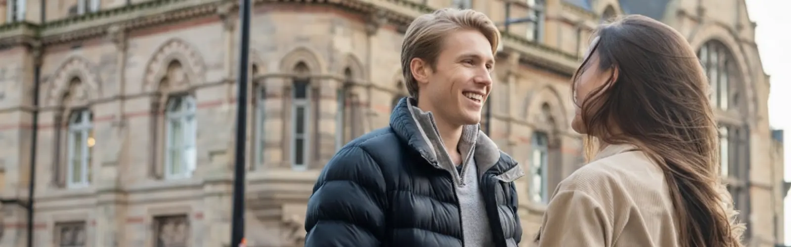 Glückliches Paar bei einem lockeren Date vor alter Architektur.