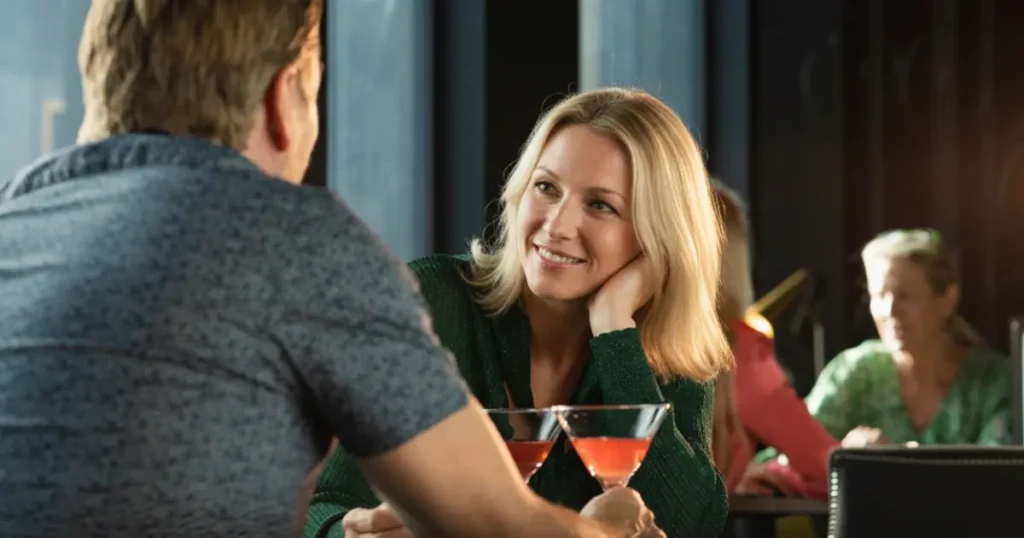 Frau lächelt Mann beim Cocktail-Date in einer Bar an.