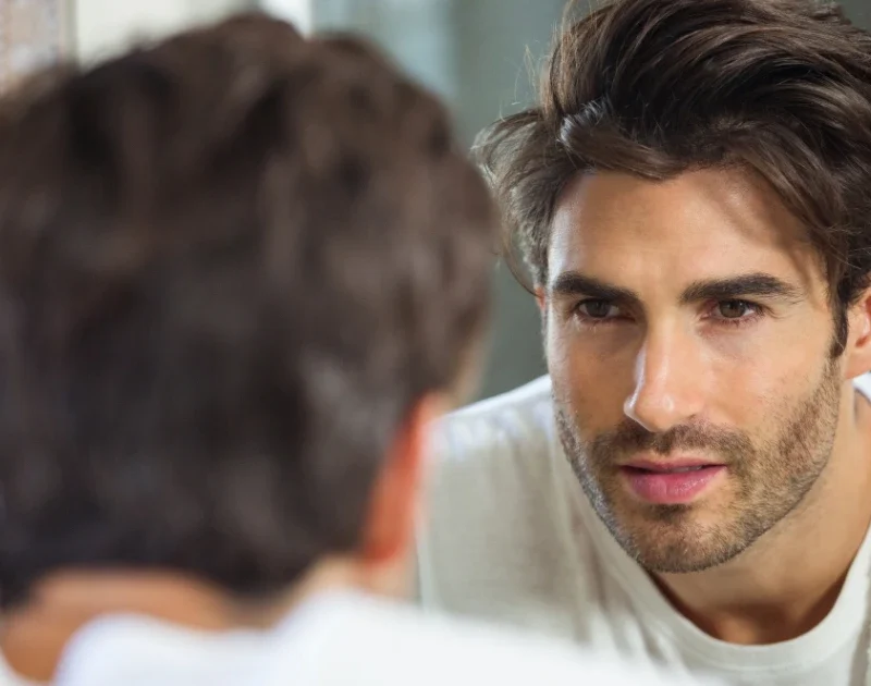 Ein attraktiver Mann betrachtet sein Spiegelbild im Badezimmer, was die Selbstbezogenheit eines Narzissten symbolisiert.