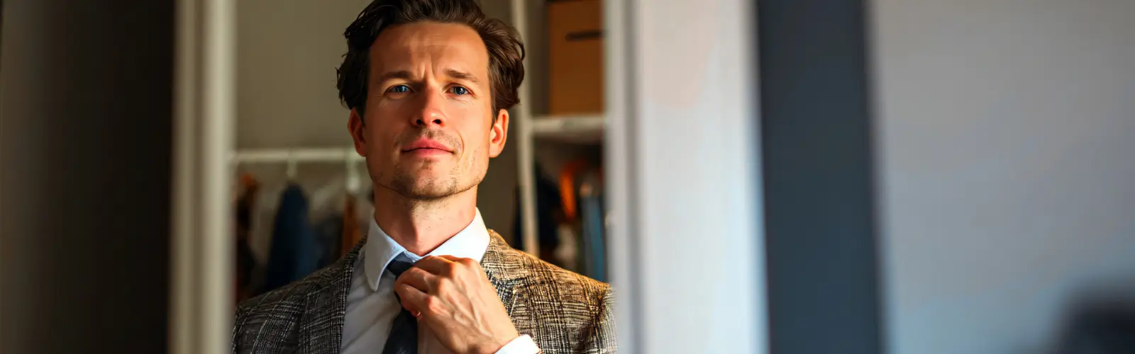 Ein selbstbewusster Mann im Anzug richtet seine Krawatte im Spiegel und strahlt Souveränität aus.