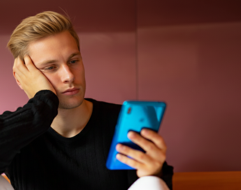 Mann schaut nachdenklich auf sein Handy und fragt sich, warum sie ihn ignoriert, obwohl Interesse da ist