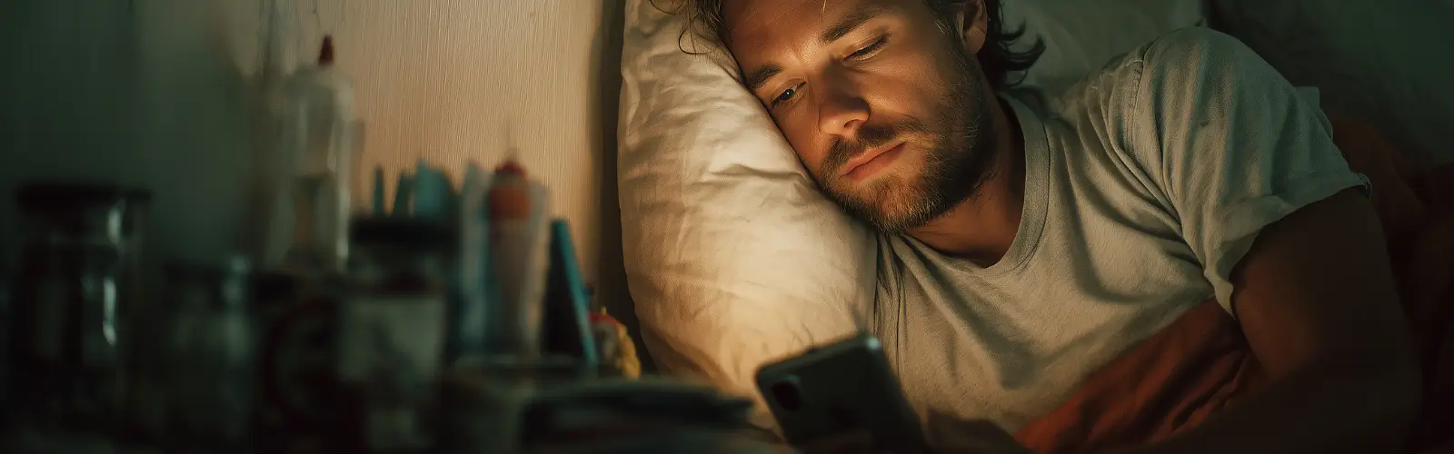 Ein nachdenklicher Mann liegt nachts im Bett und starrt distanziert auf sein Smartphone-Display.