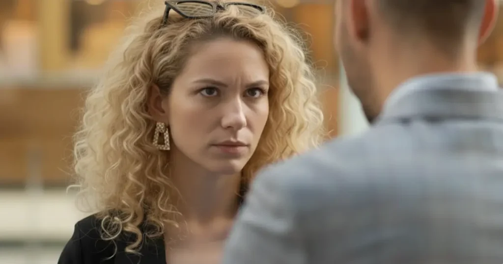 Frau blickt ernst einen Mann während eines angespannten Gesprächs in einer Dating-Situation an