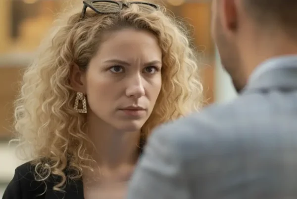 Frau blickt ernst einen Mann während eines angespannten Gesprächs in einer Dating-Situation an