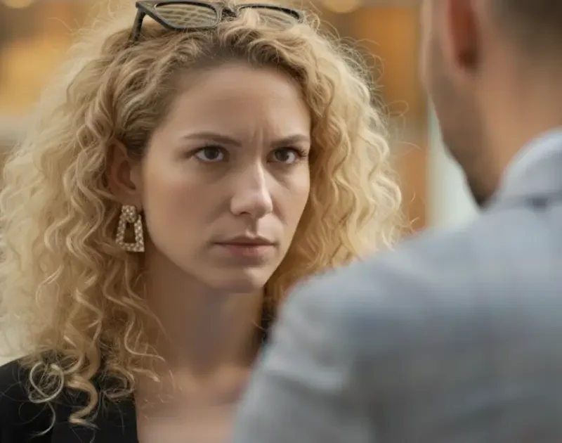 Frau blickt ernst einen Mann während eines angespannten Gesprächs in einer Dating-Situation an