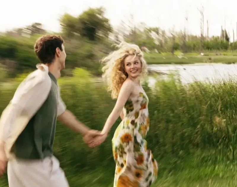 Ein Paar läuft Hand in Hand durch die Natur und zeigt spielerische und entschlossene Energie.