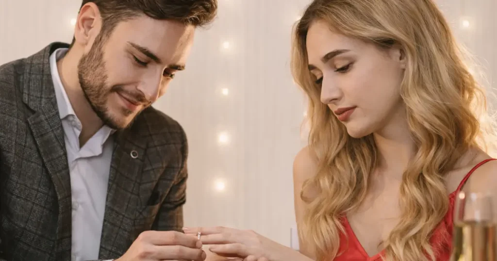 Mann steckt Frau einen Ring an den Finger; sie blickt ruhig auf ihre Hand, blonde gewellte Haare, zögernder Ausdruck.