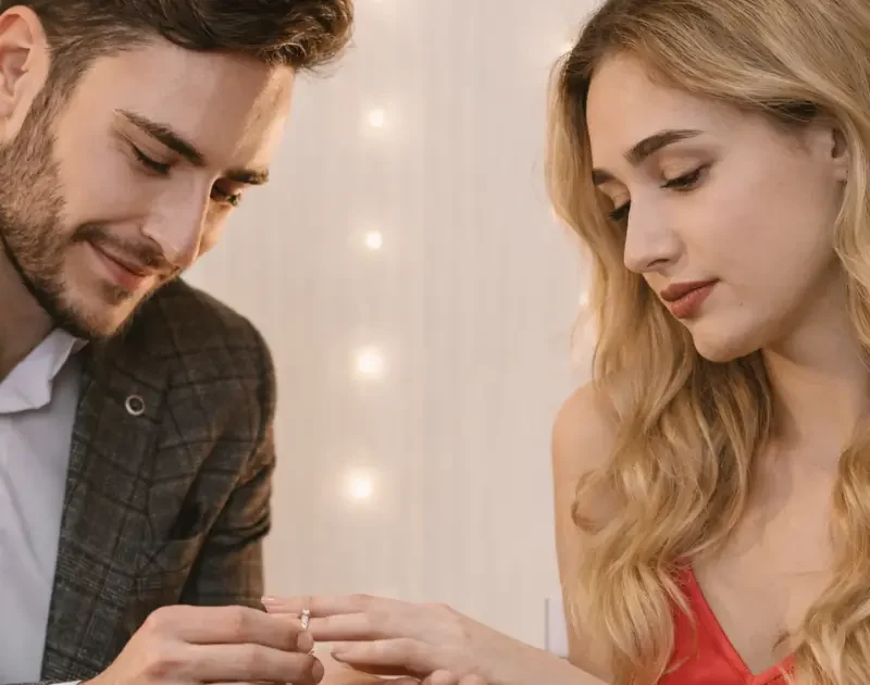 Mann steckt Frau einen Ring an den Finger; sie blickt ruhig auf ihre Hand, blonde gewellte Haare, zögernder Ausdruck.