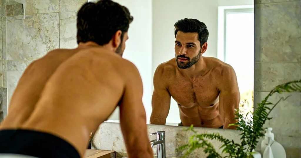 Ein muskulöser Mann betrachtet sich fokussiert im Spiegel und verkörpert die Disziplin und Selbstreflexion, die für persönlichen Erfolg nötig sind.