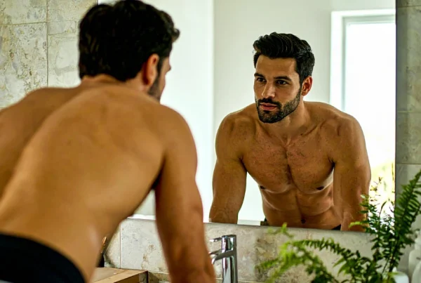 Ein muskulöser Mann betrachtet sich fokussiert im Spiegel und verkörpert die Disziplin und Selbstreflexion, die für persönlichen Erfolg nötig sind.