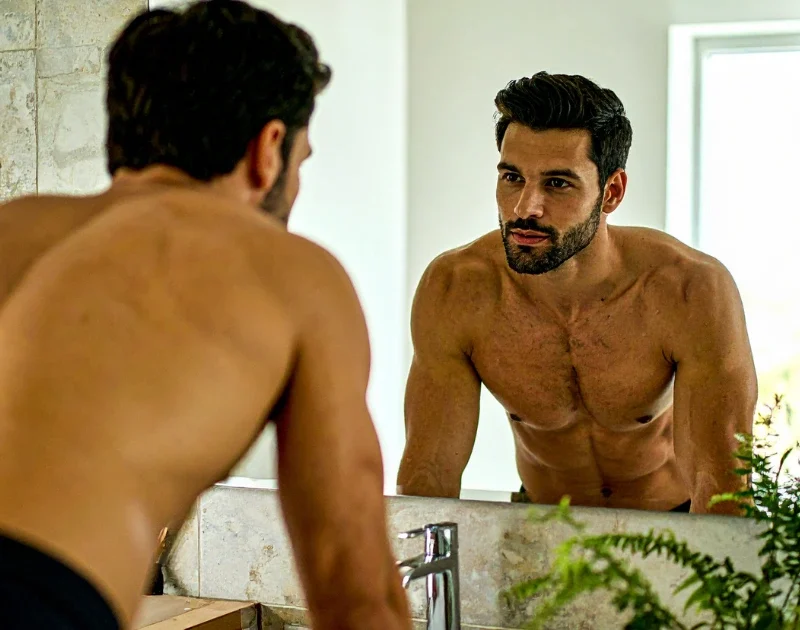 Ein muskulöser Mann betrachtet sich fokussiert im Spiegel und verkörpert die Disziplin und Selbstreflexion, die für persönlichen Erfolg nötig sind.